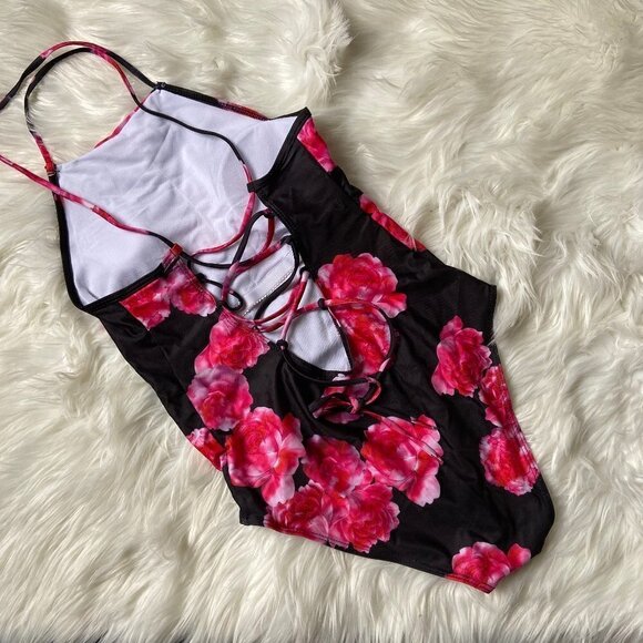 Zaful Black Pink Floral lace up Swimsuit M… - Picture 3 of 8